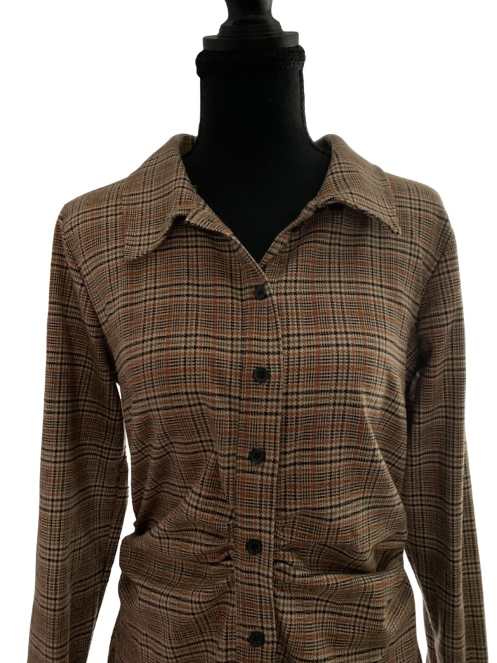 Zara Brown Plaid Midi Runched Shirt Dress Womens Large Cottagecore Dark Academia - Picture 5 of 8